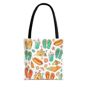 Tote bag with beach-themed design on a white background