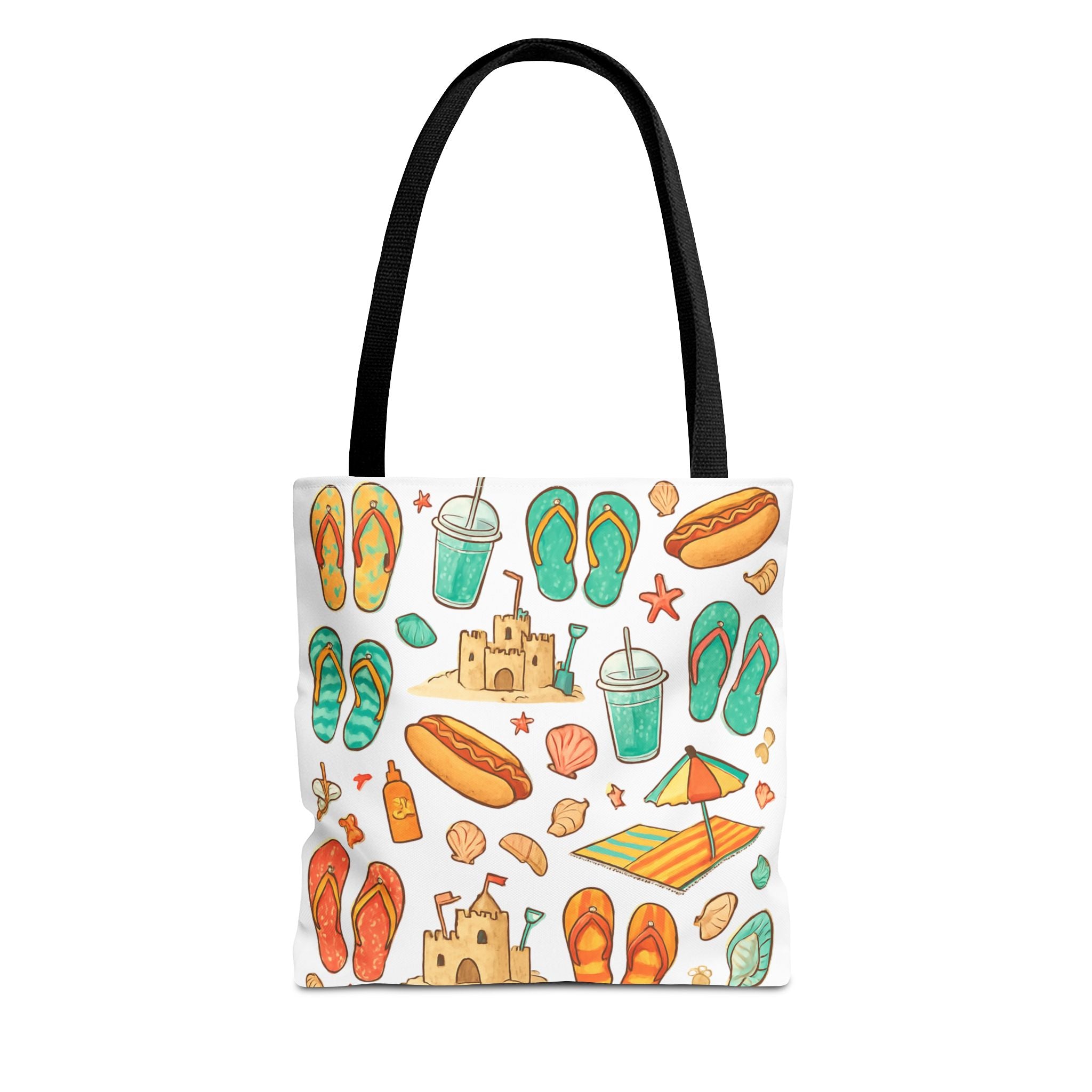 Tote bag with beach-themed design on a white background