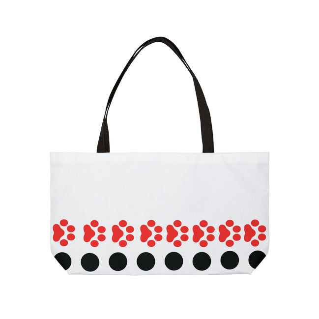 White tote bag with red floral pattern and black accents on a white background