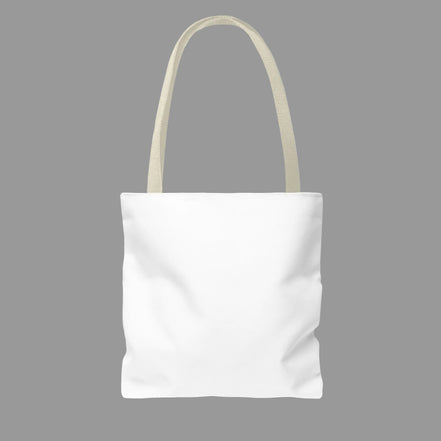 White tote bag with beige handles on a white background