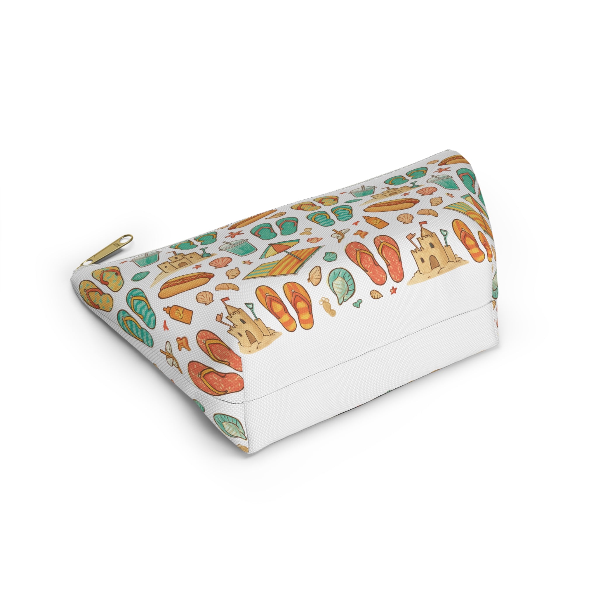 Colorful eyeglass case with beach-themed design on a white background