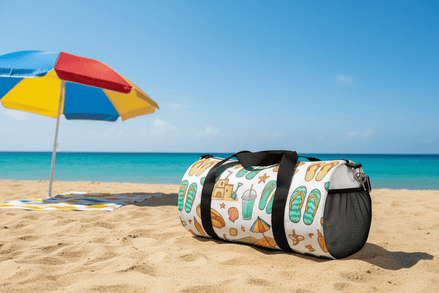 Beach themed duffel on sand with an umbrella at the beach