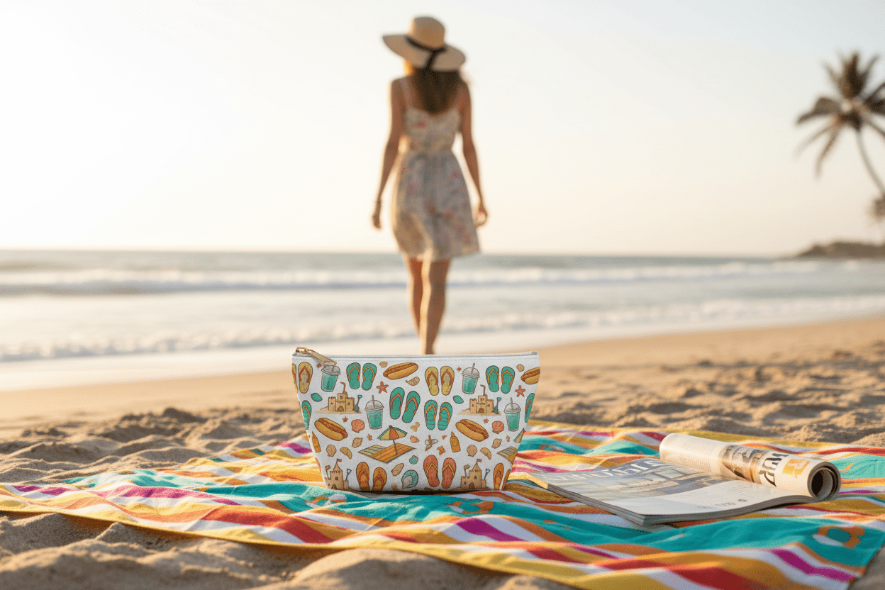a woman walks toward water leaving her beach themed makeup bag on a beach blanket