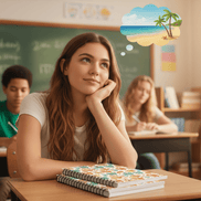 a young woman sits at a school desk dreaming of the beach a beach themed notebook is on the desk