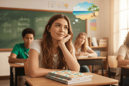 a young woman sits at a school desk dreaming of the beach a beach themed notebook is on the desk