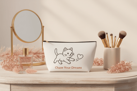 chase your dreams cat and heart makeup bag front view