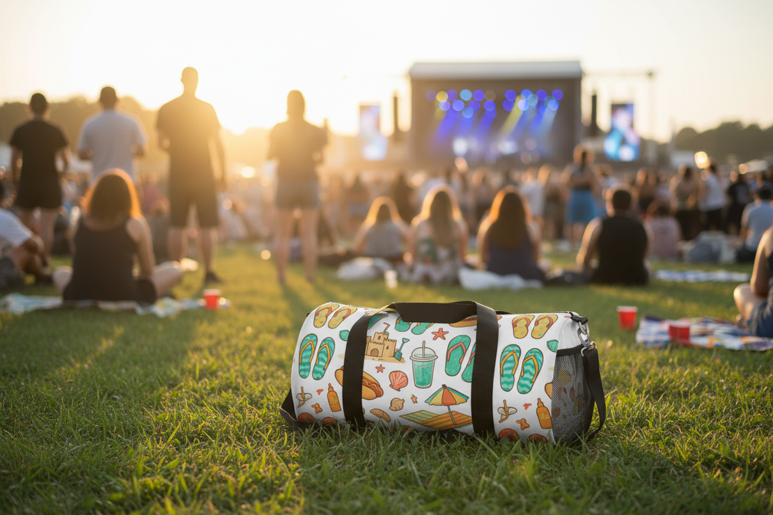 beach themed duffel at a concert on a field of grass