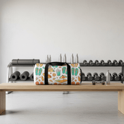 beach themed duffel at the gym on wooden bench