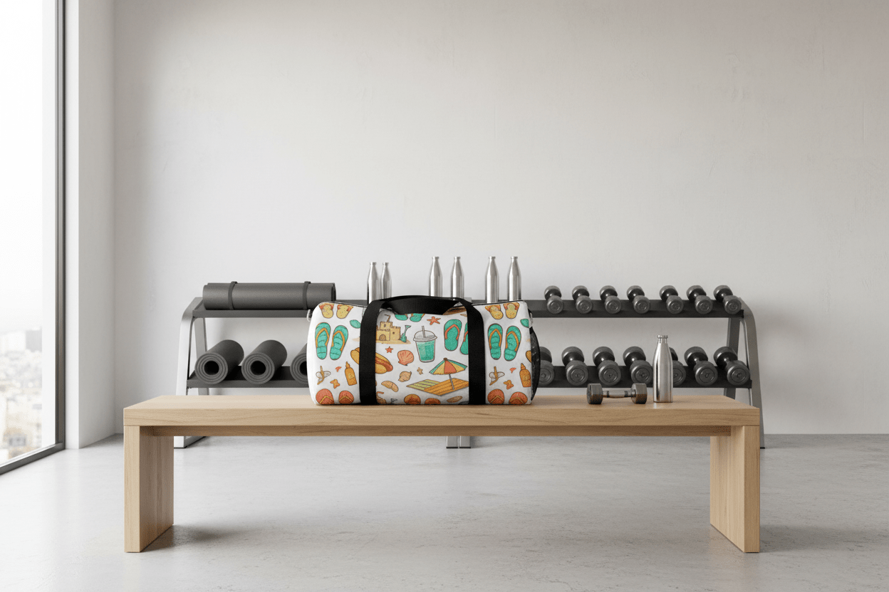 beach themed duffel at the gym on wooden bench