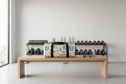 beach themed duffel at the gym on wooden bench