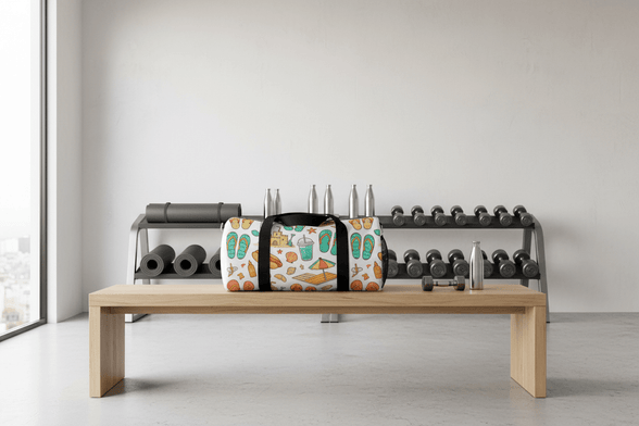 beach themed duffel at the gym on wooden bench