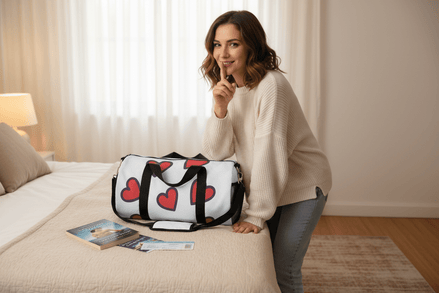 a woman smiles slyly and puts her finger over her mouth to say hush she leans over a duffel printed with hearts and cruise tickets
