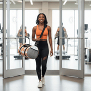 a woman leaves a gym with a highland cow designed duffel bag
