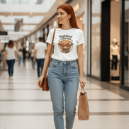 a young woman shops in a mall with a highland cuteness highland cow tee