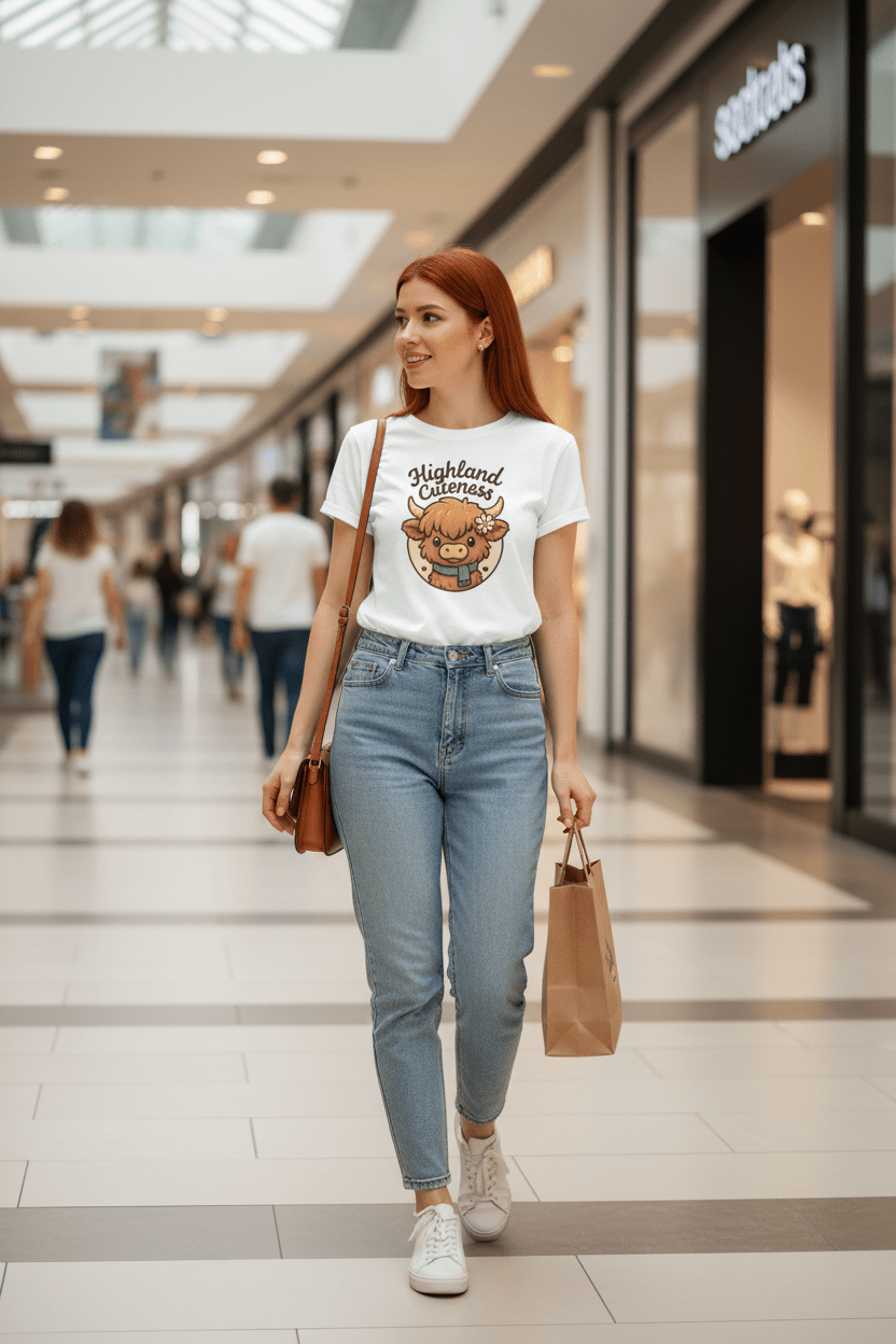 a young woman shops in a mall with a highland cuteness highland cow tee