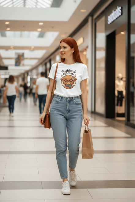 a young woman shops in a mall with a highland cuteness highland cow tee