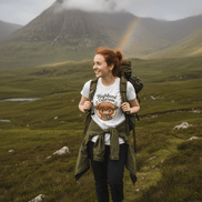 a young woman hikes in an idealic setting wearing a highland cuteness highland cow tee