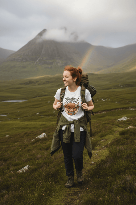 a young woman hikes in an idealic setting wearing a highland cuteness highland cow tee