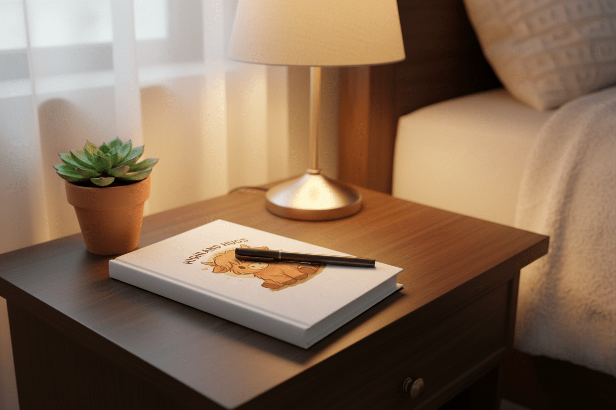 a highland hugs unlined journal on a side table with a pen over it