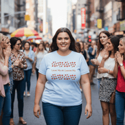 a larger sized woman walks through a crowd of smaller people she smiles confidently wearing a love me or leave me tee