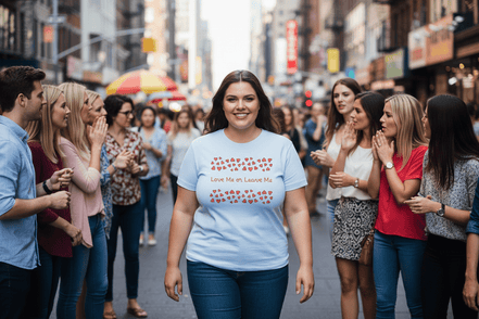 a larger sized woman walks through a crowd of smaller people she smiles confidently wearing a love me or leave me tee