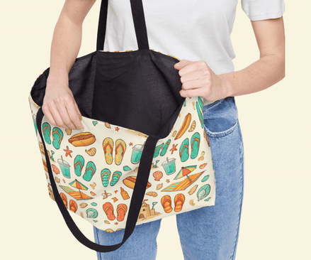 Person holding a bag with beach-themed pattern on a beige background
