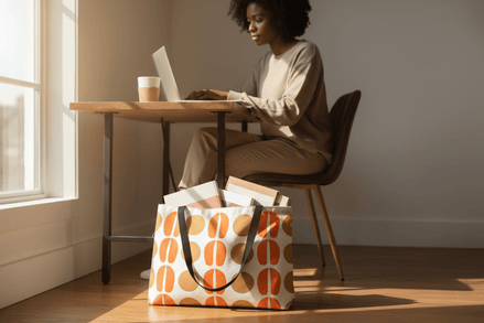 A woman sits at a desk with a large bag with a geometric pattern next to her.