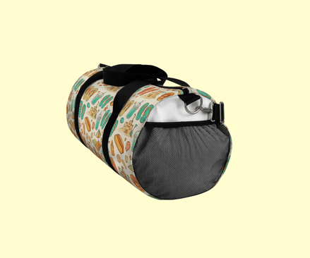 side view of summer duffel bag with black mesh.